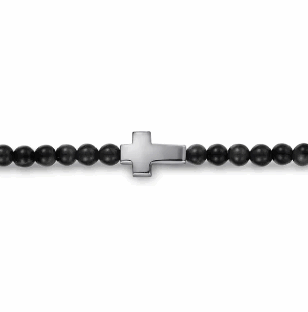 Sterling Silver Men’s Cross Charm Bracelet with Beaded Black Onyx 8″ Bracelets 9