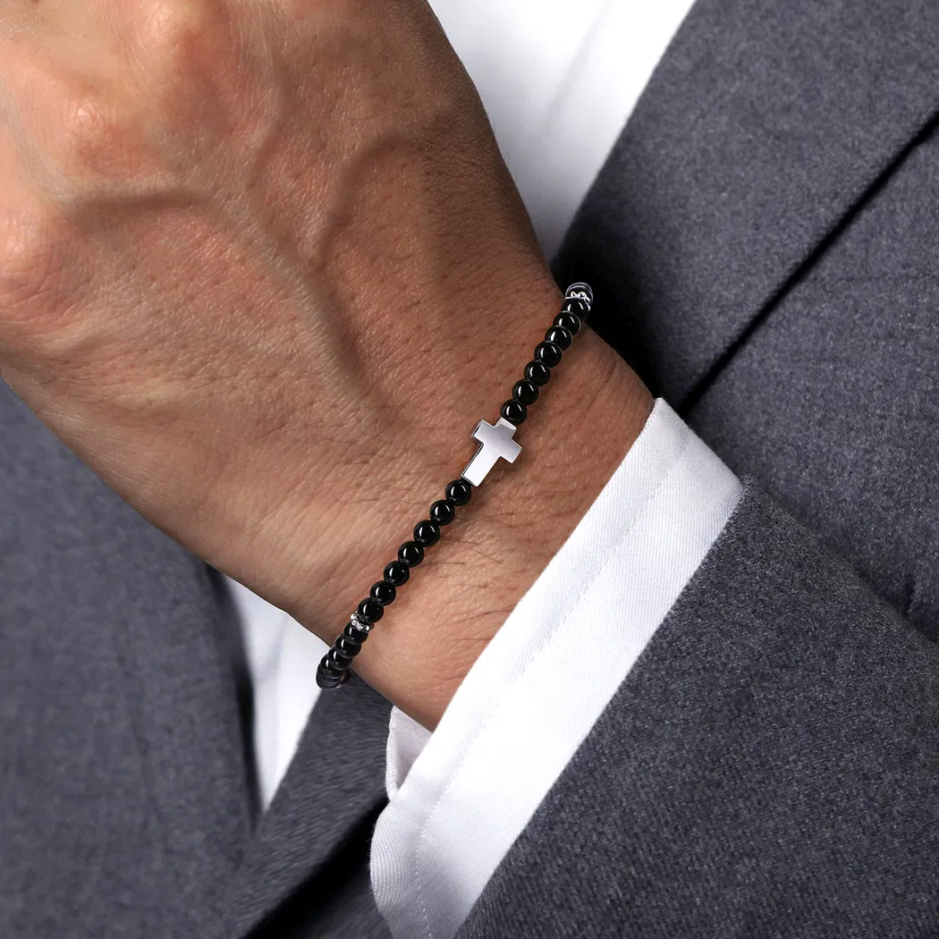 Men’s Sterling Silver Cross Charm Bracelet with Beaded Black Onyx 8″ Bracelets 2
