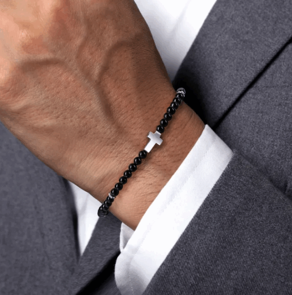 Sterling Silver Men’s Cross Charm Bracelet with Beaded Black Onyx 8″ Bracelets 8