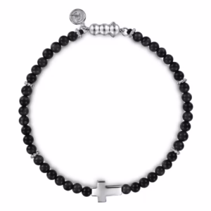 Men's Sterling Silver Cross Charm Bracelet with Beaded Black Onyx 8