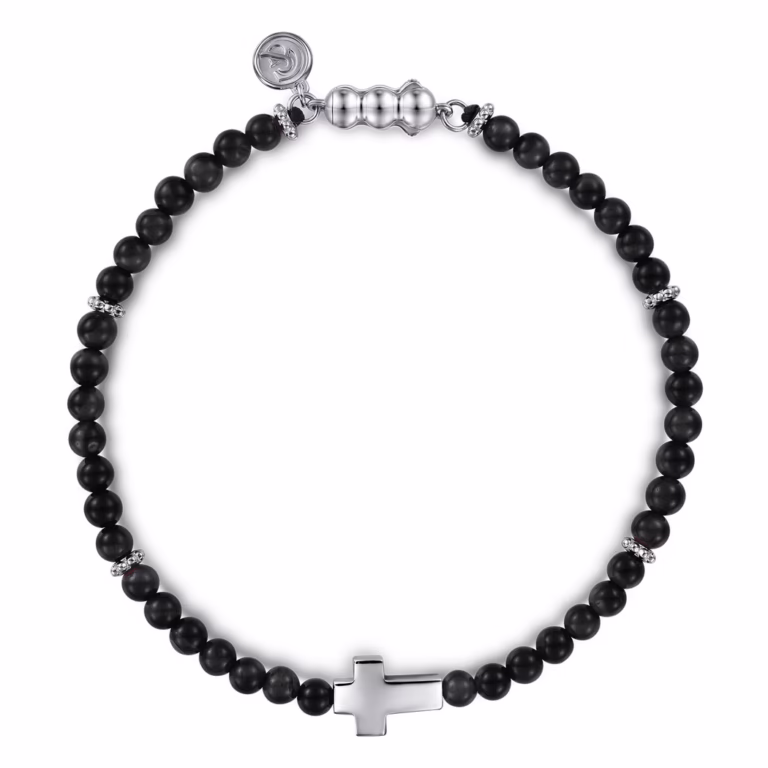 Men’s Sterling Silver Cross Charm Bracelet with Beaded Black Onyx 8″ Bracelets 4