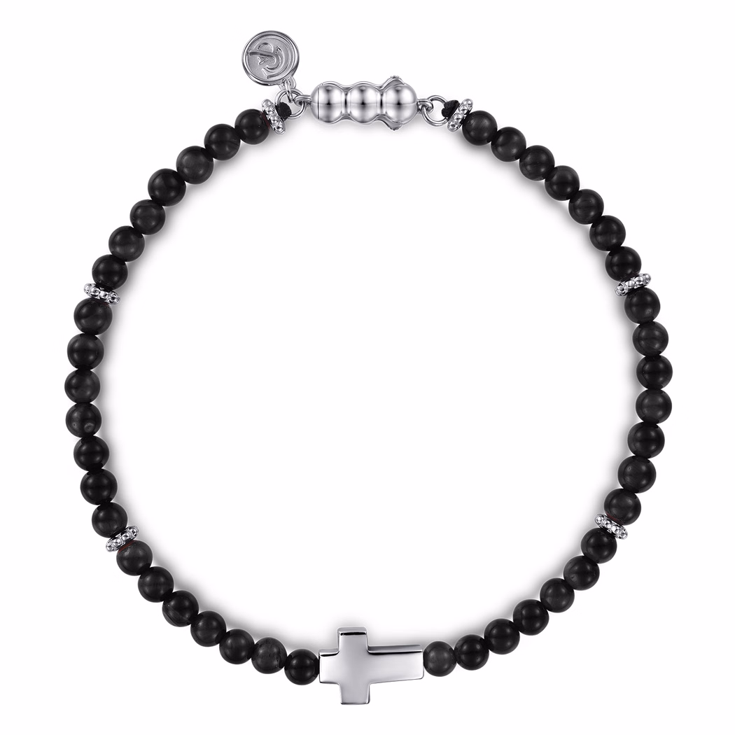 Men’s Sterling Silver Cross Charm Bracelet with Beaded Black Onyx 8″ Bracelets