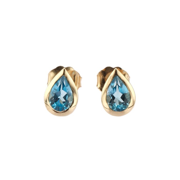 14K Yellow Gold Bezel Studs with 1.00ctw Pear Blue Topaz Earrings 3