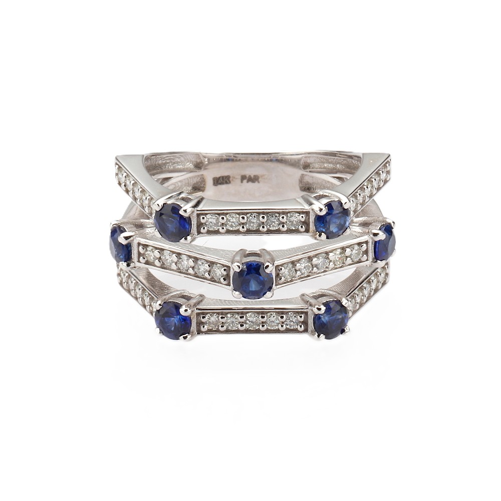 14K White Gold Ring with 1.40ctw Blue Sapphires & .65ctw Diamonds Size 6.5 Fine Jewelry