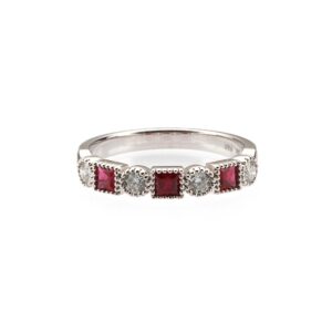 14K White Gold Ring with .50ctw Square Rubies & .30ctw Round Diamonds Size 6.5