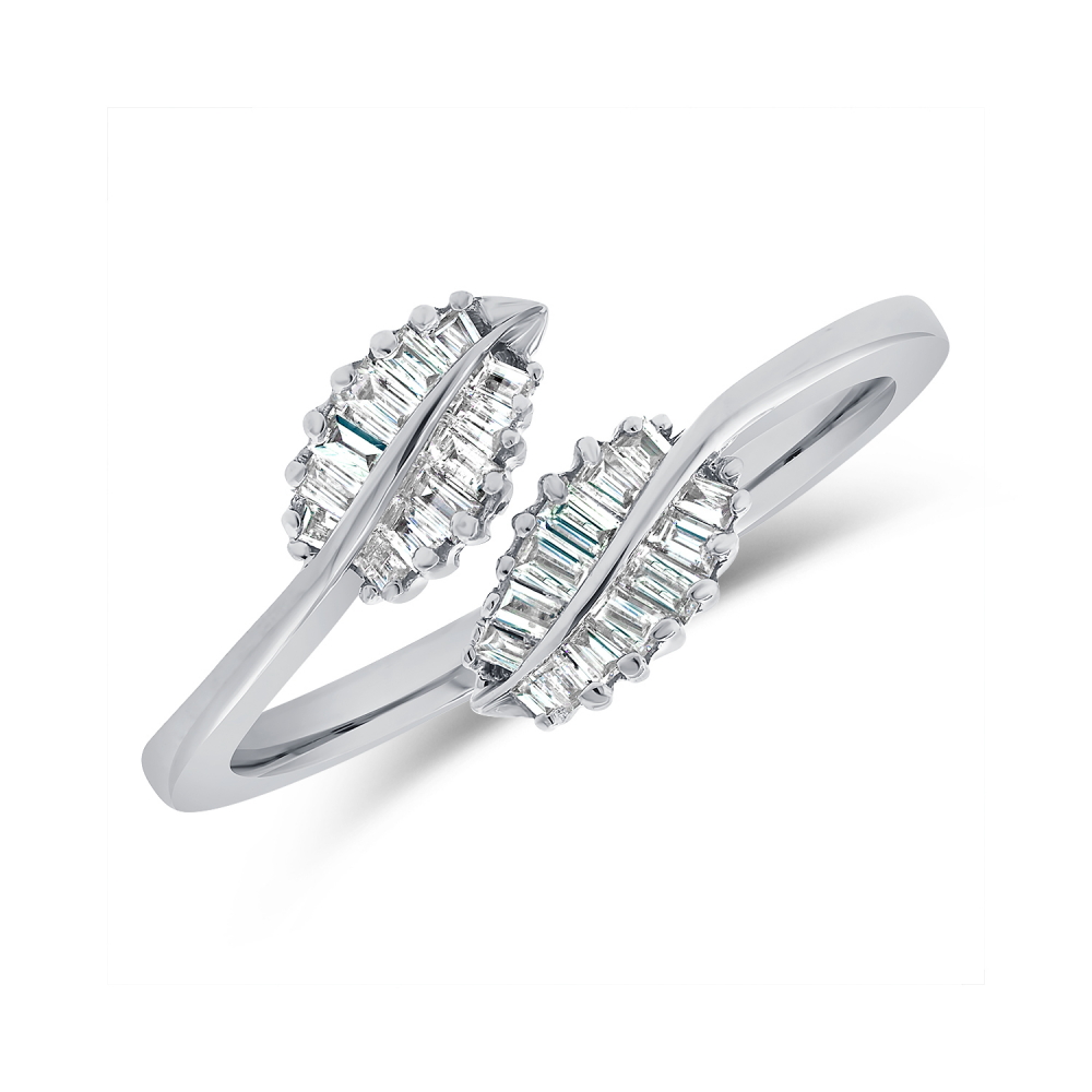 14K White Gold Crossover Leaf Ring with .17ctw Baguette Diamonds Size 7 Fine Jewelry