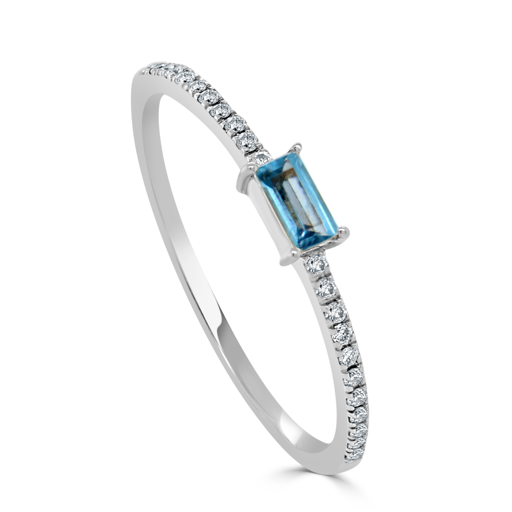 14K White Gold December Birthstone Ring with .16ct Baguette Blue Topaz & .08ctw Diamonds Size 6.5 Fine Jewelry