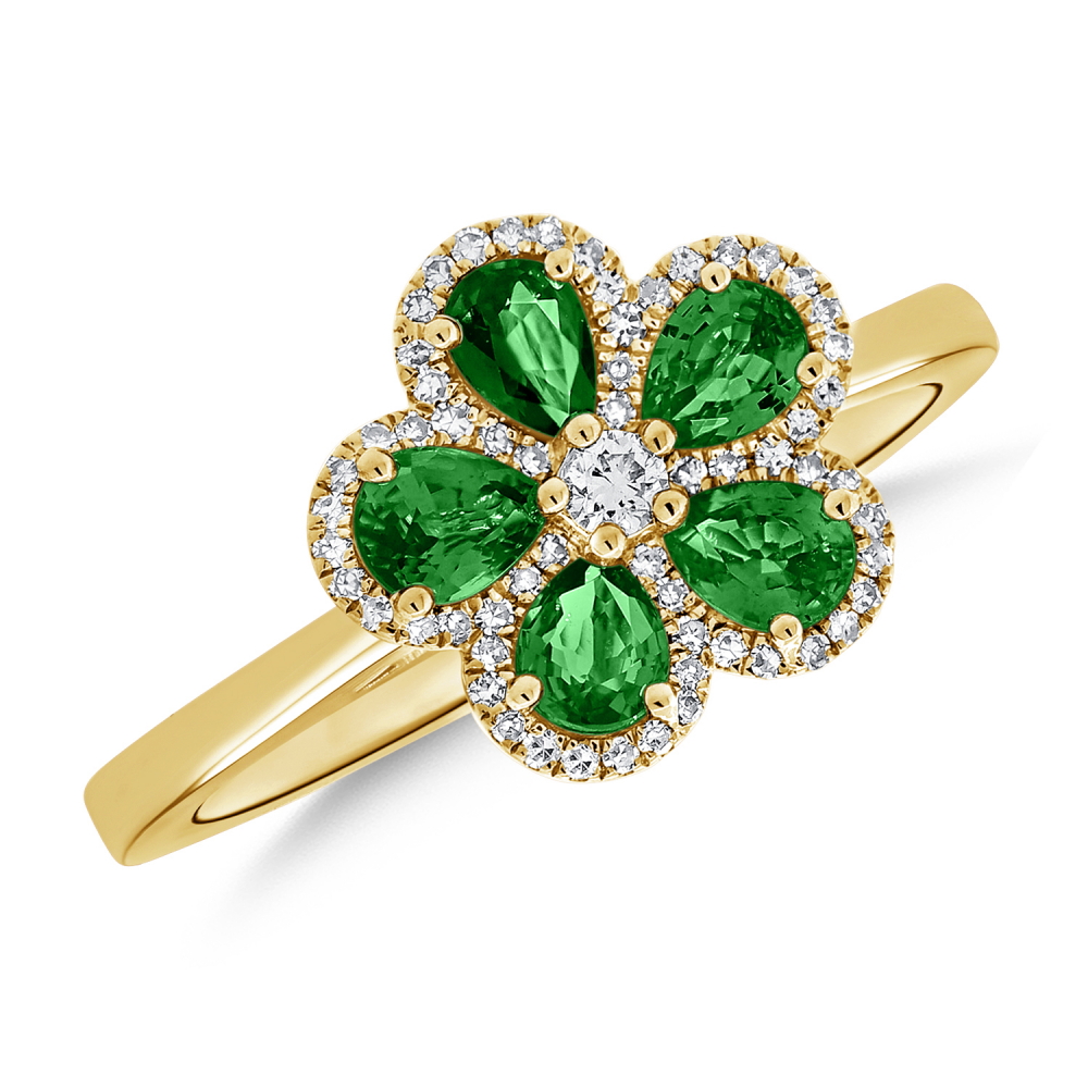 14K Yellow Gold Flower Ring with .93ctw Pear Green Emeralds & .17ctw Diamonds Size 7 Fine Jewelry