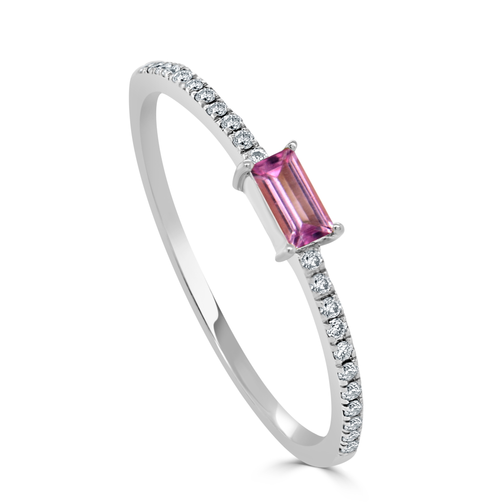 14K White Gold October Birthstone Ring with .06ct Baguette Pink Tourmaline & .09ctw Diamonds Size 6.5 Fine Jewelry