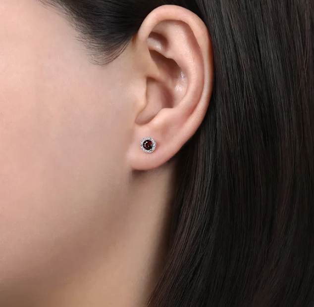 14K White Gold January Birthstone Studs with .65ctw Garnet & .09ctw Diamond Halo Earrings 2