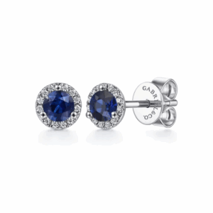 14K White Gold September Birthstone Studs with .60ctw Blue Sapphires & .09ctw Diamond Halo