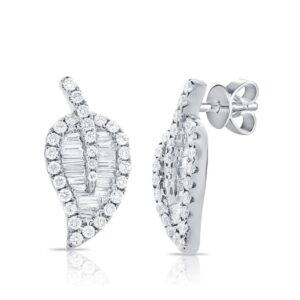 14K White Gold Leaf Shape Studs with .46ctw Baguette & Round Diamonds