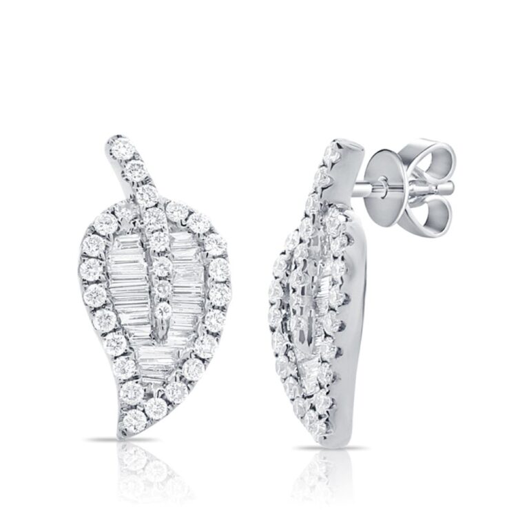 14K White Gold Leaf Shape Studs with .46ctw Baguette & Round Diamonds Earrings 2