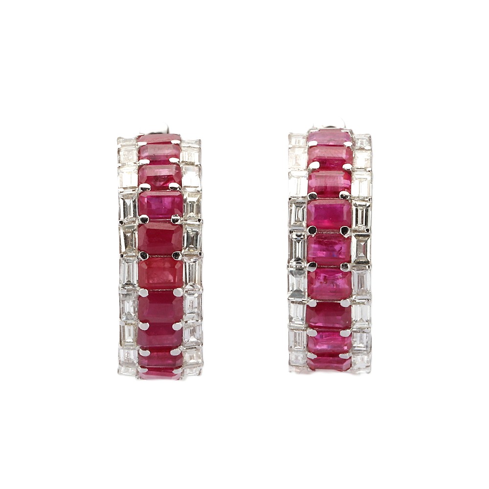 14K White Gold Hoops with 4.11ctw Emerald Cut Rubies & 1.66ctw Baguette Diamonds Earrings