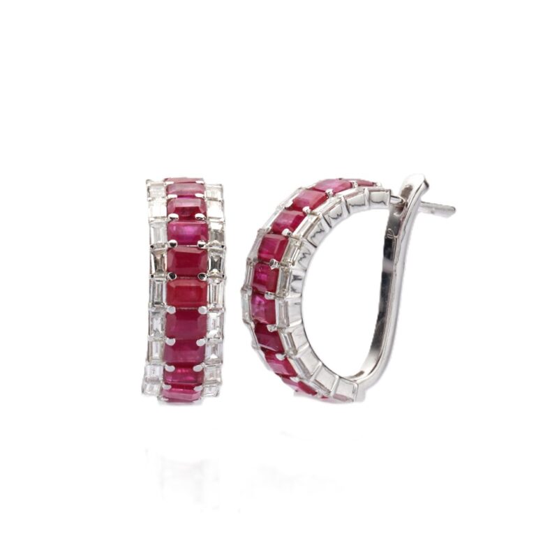 14K White Gold Hoops with 4.11ctw Emerald Cut Rubies & 1.66ctw Baguette Diamonds Earrings 4