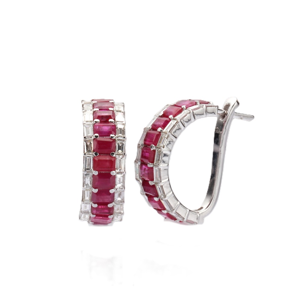 14K White Gold Hoops with 4.11ctw Emerald Cut Rubies & 1.66ctw Baguette Diamonds Earrings 2