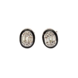 14K White Gold Black Enamel Studs with .38ctw Round & Baguette Diamonds