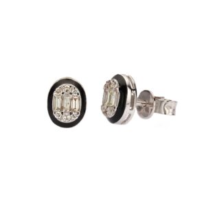14K White Gold Black Enamel Studs with .38ctw Round & Baguette Diamonds