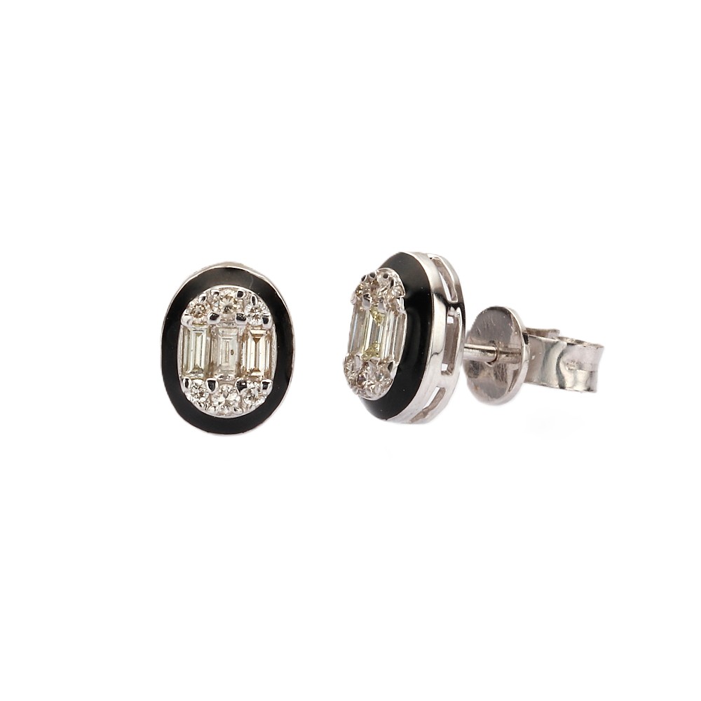 14K White Gold Black Enamel Studs with .38ctw Round & Baguette Diamonds Earrings 2