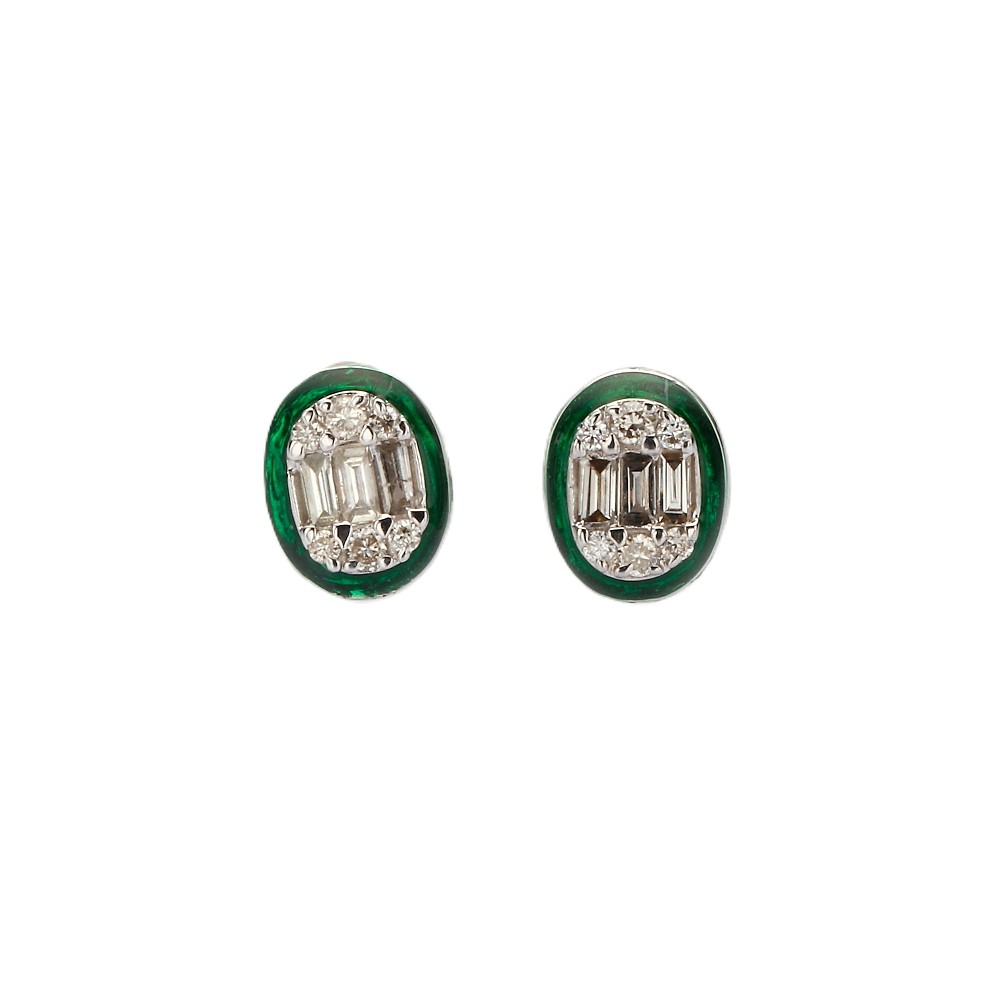 14K White Gold Green Enamel Studs with .38ctw Round & Baguette Diamonds Earrings
