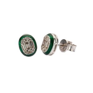 14K White Gold Green Enamel Studs with .38ctw Round & Baguette Diamonds