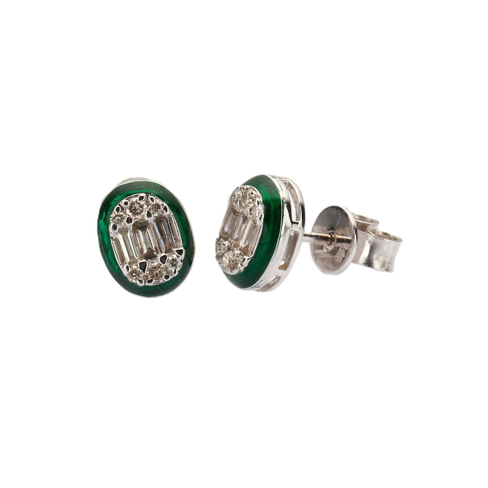 14K White Gold Green Enamel Studs with .38ctw Round & Baguette Diamonds Earrings 2