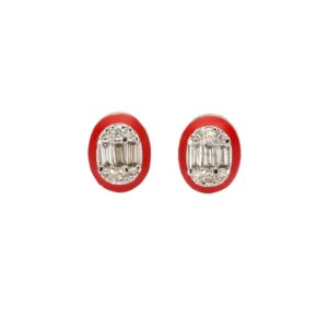 14K White Gold Red Enamel Studs with .38ctw Round & Baguette Diamonds