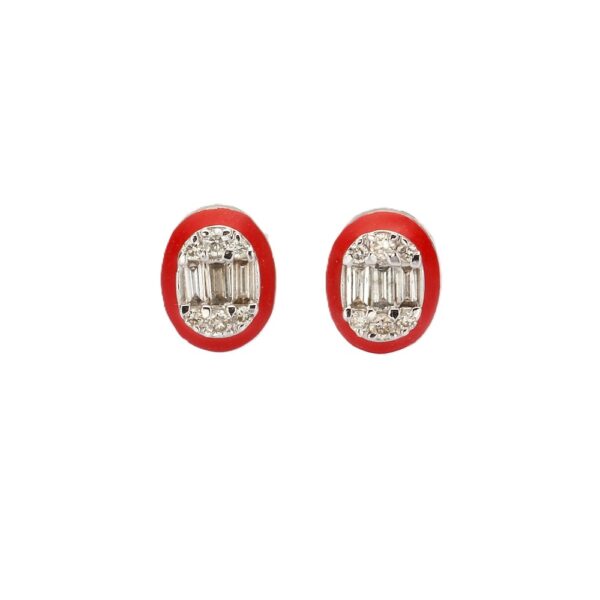 14K White Gold Red Enamel Studs with .38ctw Round & Baguette Diamonds Earrings 5