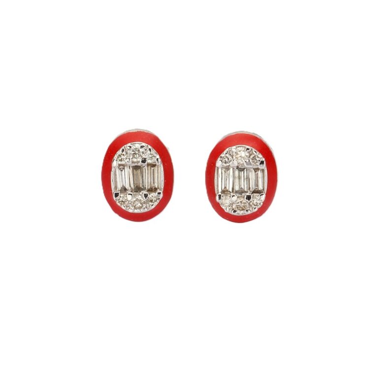 14K White Gold Red Enamel Studs with .38ctw Round & Baguette Diamonds Earrings 3