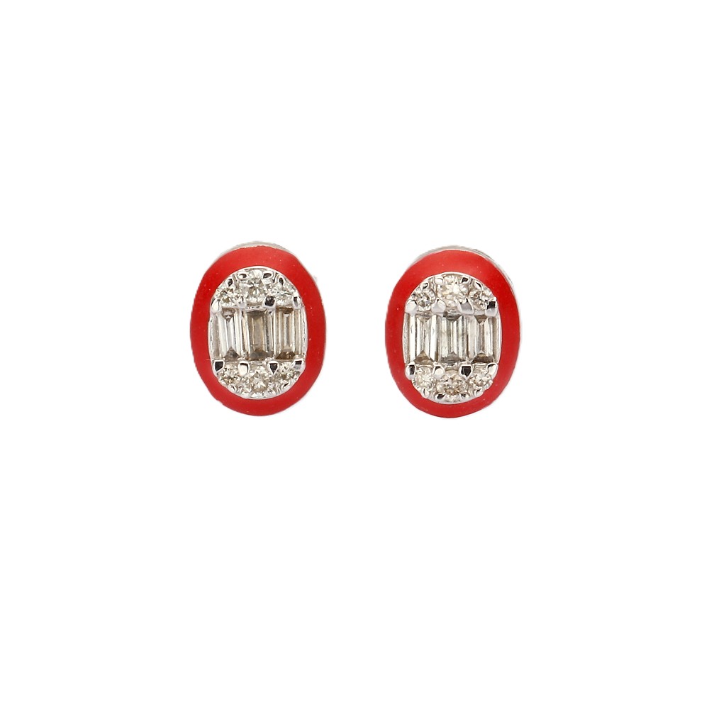 14K White Gold Red Enamel Studs with .38ctw Round & Baguette Diamonds Earrings