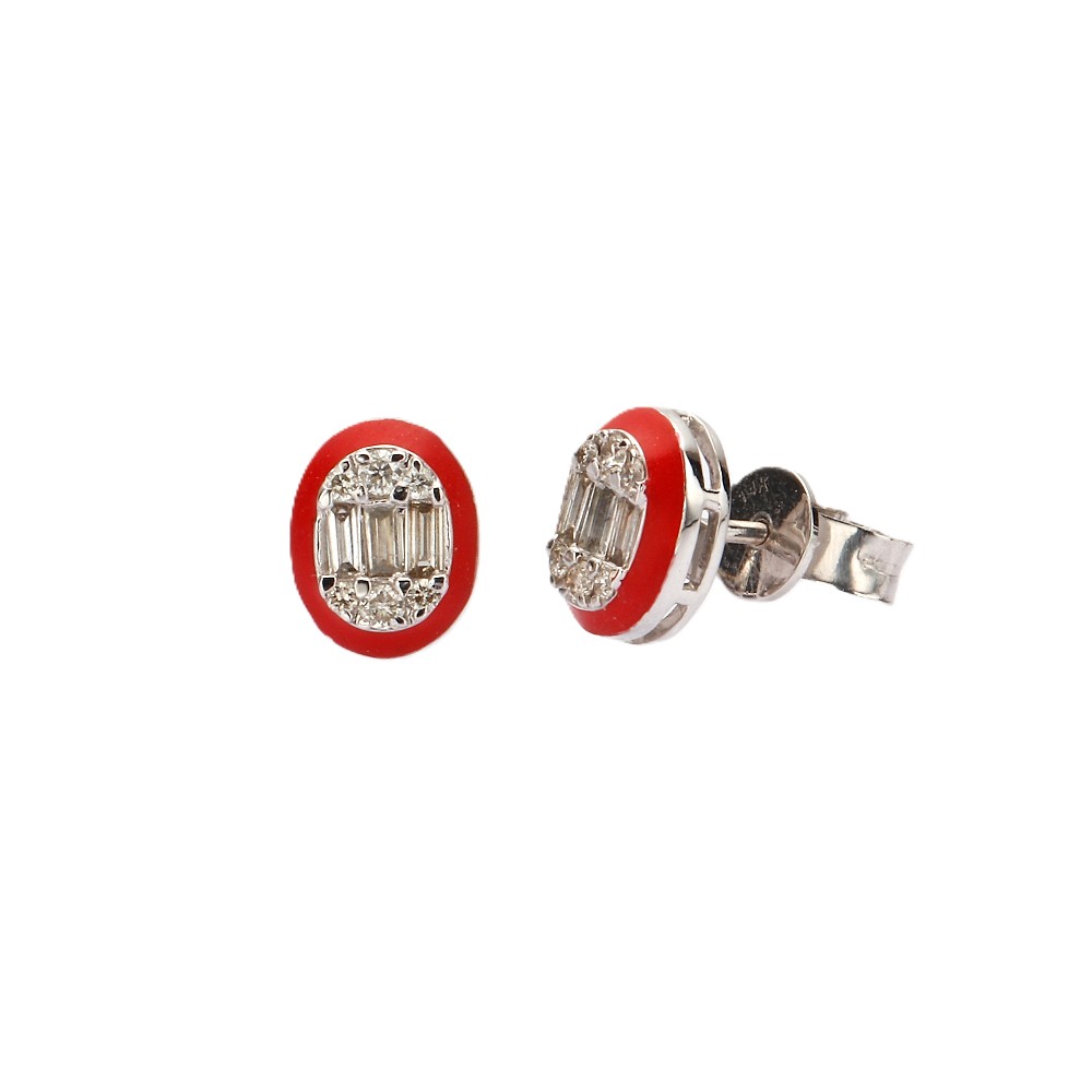 14K White Gold Red Enamel Studs with .38ctw Round & Baguette Diamonds Earrings 2