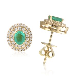 18K Yellow Gold Studs with .47ctw Oval Green Emeralds & .41ctw Diamonds