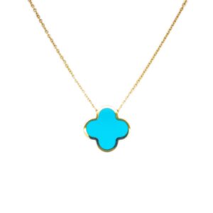 14K Yellow Gold Bezel Pendant with Turquoise Clover 16-18