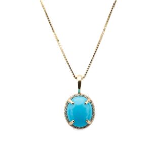 14K Yellow Gold Pendant with 4.41ct Oval Cabochon Turquoise & .08ctw Diamond Halo
