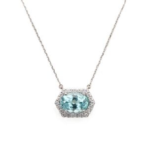 14K White Gold East-West Pendant with 2.90ct Oval Indicolite Tourmaline & .29ctw Diamond Halo