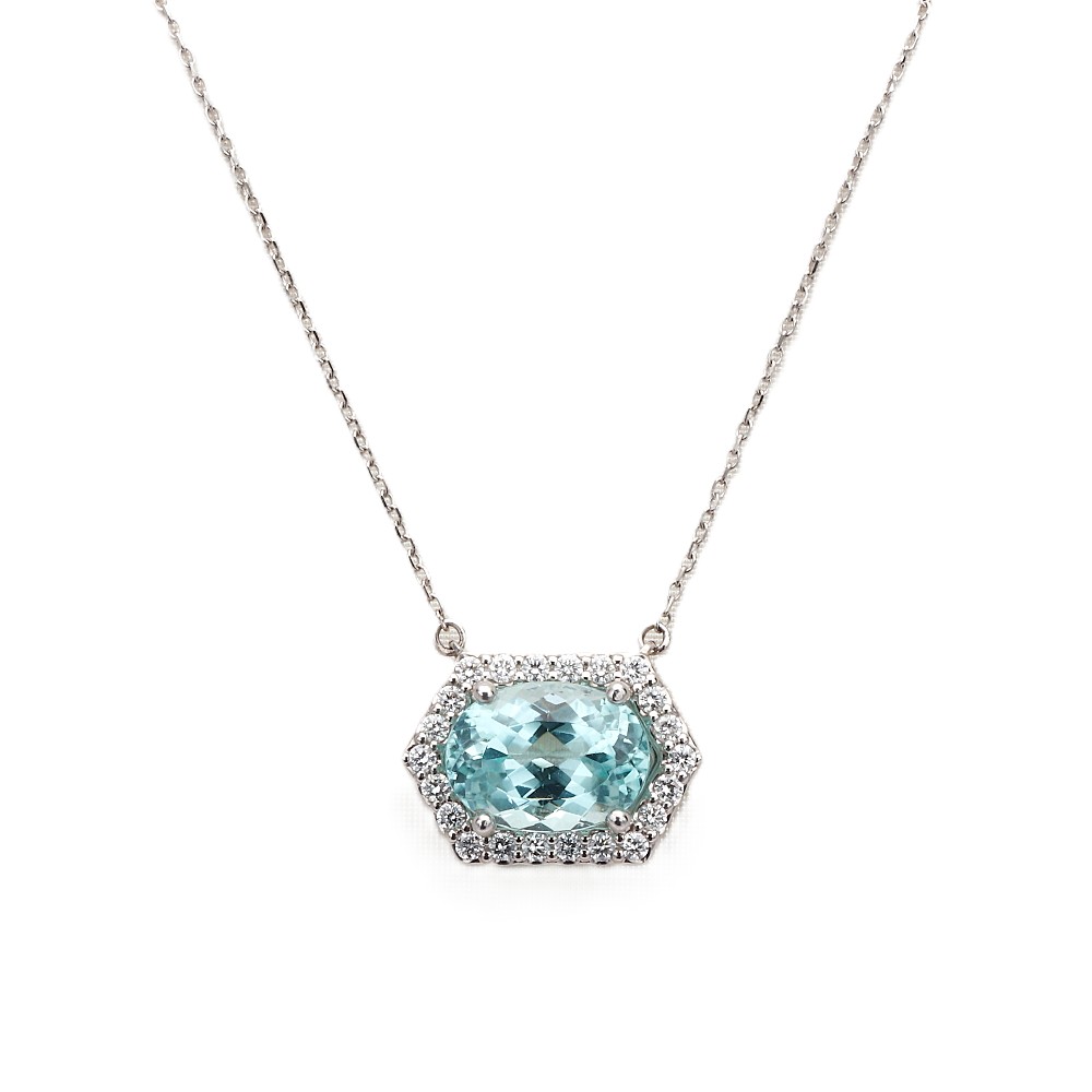 14K White Gold East-West Pendant with 2.90ct Oval Indicolite Tourmaline & .29ctw Diamond Halo Fine Jewelry