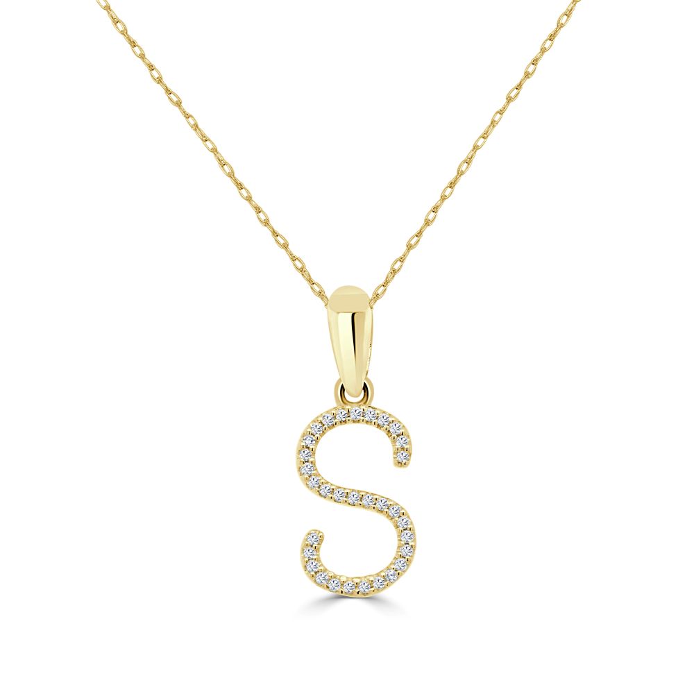 14K Yellow Gold Initial Letter “S” Pendant with .11ctw Diamonds 18″ Fine Jewelry