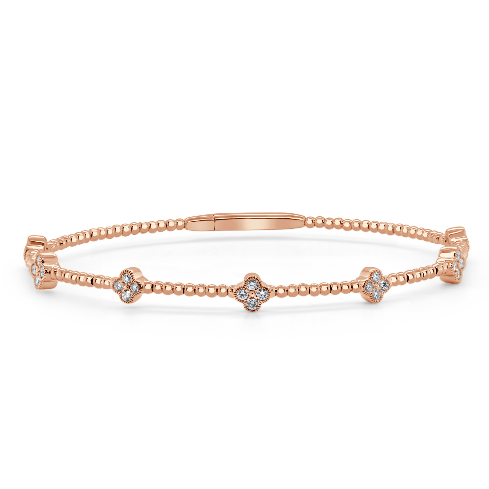 14K Rose Gold Flexible Clover Station Bangle with .45ctw Diamonds Size 6.5 Bracelets
