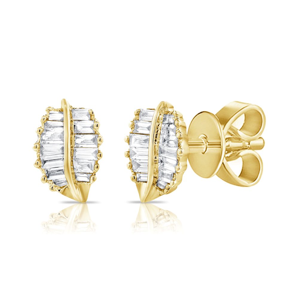 14K Yellow Gold Leaf Studs with .32ctw Baguette Diamonds Earrings