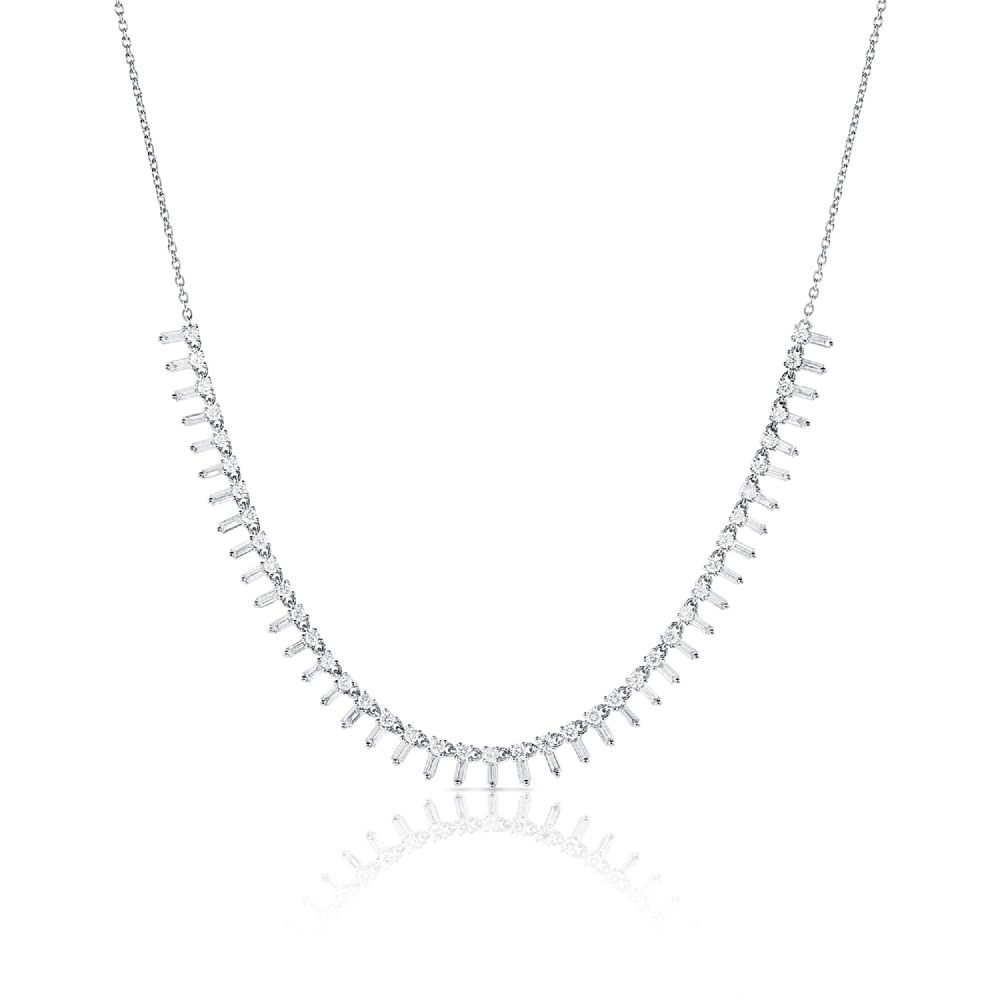 14K White Gold Choker Necklace with 1.35ctw Baguette & Round Diamonds 16-18″ Fine Jewelry