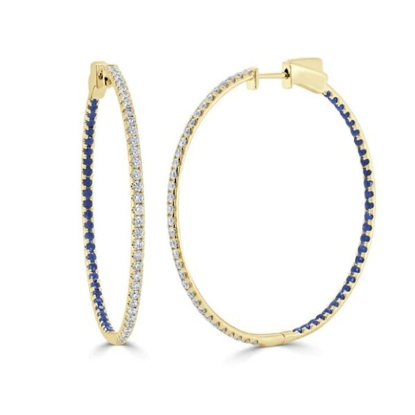 14K Yellow Gold In & Out Hoops with 2.36ctw Round Blue Sapphires & Diamonds 1.75″ Earrings 3