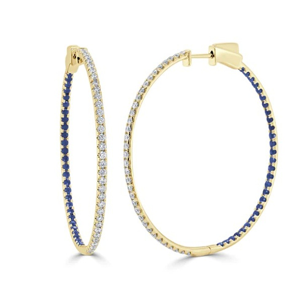 14K Yellow Gold In & Out Hoops with 2.36ctw Round Blue Sapphires & Diamonds 1.75″ Earrings