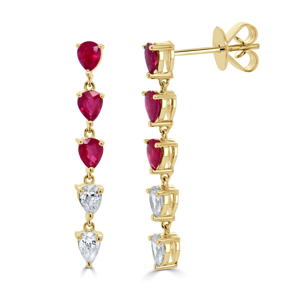 14K Yellow Gold Dangle Earrings with 1.61ctw Pear Cut Rubies & Diamonds Earrings