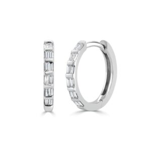 14K White Gold Huggies with .11ctw Baguette Diamonds 10mm