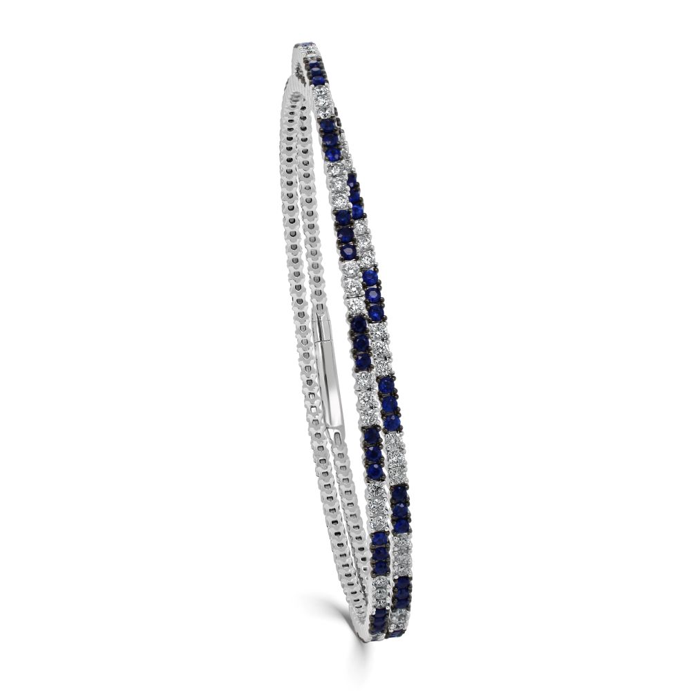 14K White Gold Flexible Double Row Bangle with 1.81ctw Blue Sapphires & 1.69ctw Diamonds Size 6.5 Bracelets