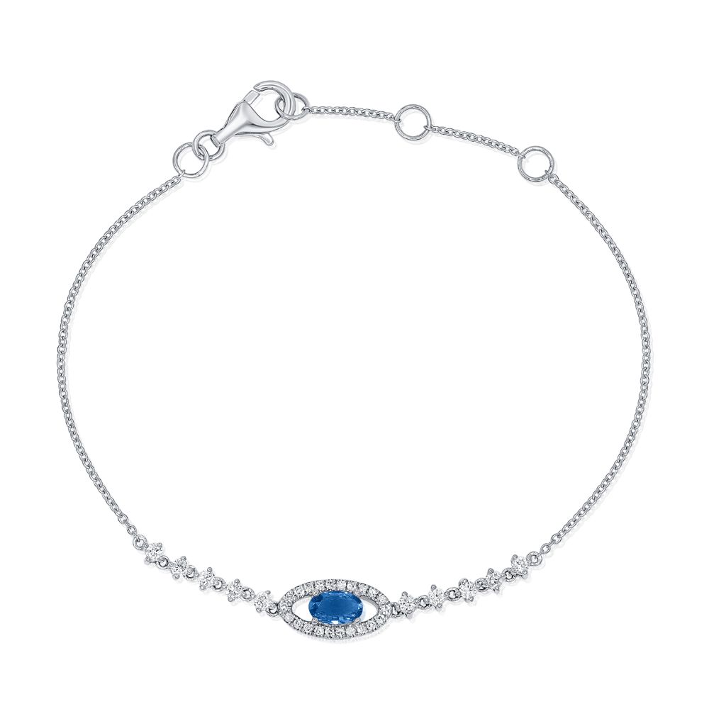 14K White Gold Evil Eye Bracelet with .36ct Oval Blue Sapphire & .31ctw Diamonds 6-7″ Bracelets