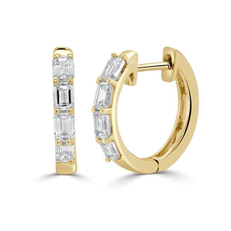 14K Yellow Gold Huggies with .81ctw Emerald Cut Diamonds Earrings 2