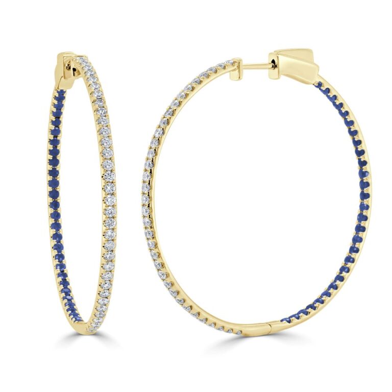 14K Yellow Gold In & Out Hoops with .48ctw Sapphires & .70ctw Diamonds 1″ Earrings 2