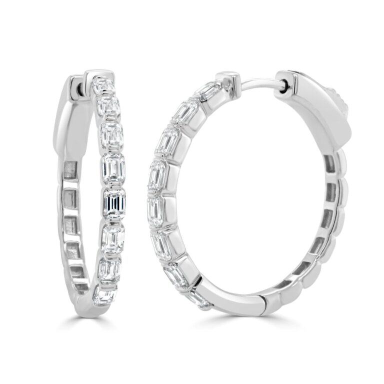 14K White Gold Hoops with 1.20ctw Emerald Cut Diamonds Earrings 2