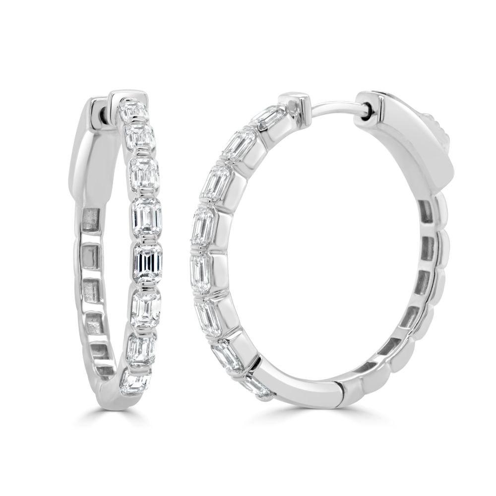 14K White Gold Hoops with 1.20ctw Emerald Cut Diamonds Earrings
